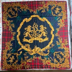 Rare Vintage Ralph Lauren Tartan and Gold Lion Crest Emblem Silk Scarf